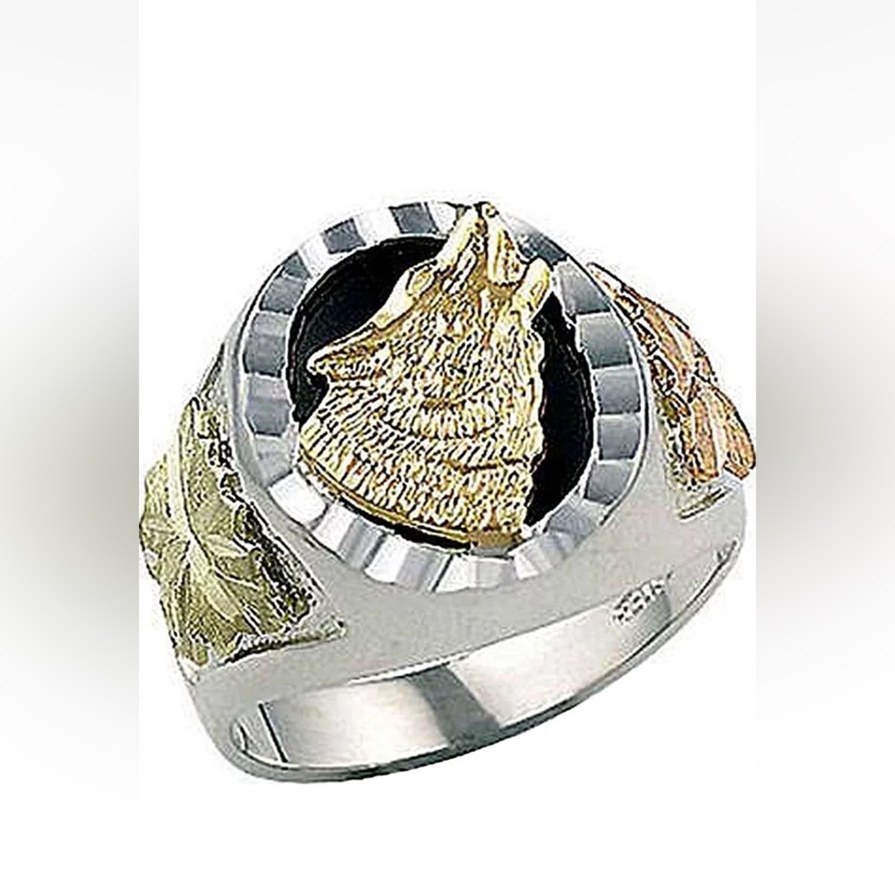 Mens   Silver Onyx Wolf Black Gold Wolf Ring Anniversary Ring Size 7